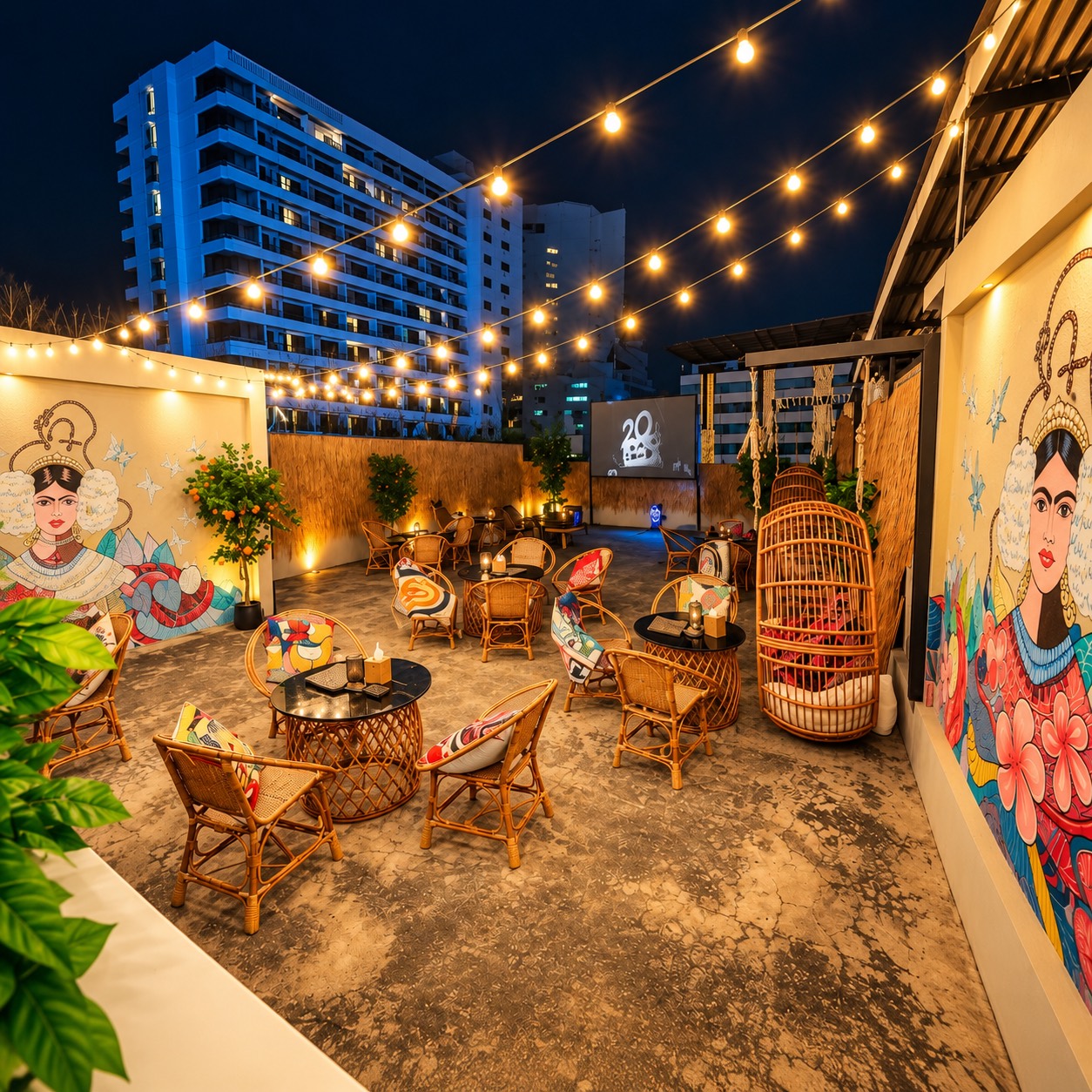 Open-air rooftop cinema with warm lights and seating at House of Belvedere